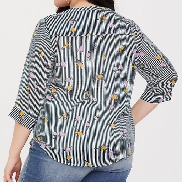 LIKE NEW TORRID HARPER SPARKLY GREEN FLORAL BUTTON UP STRIPE BLOUSE - Picture 10 of 11